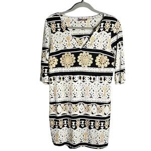 Harper Black, Gold and White Geometric 3/4 Sleeve Dress Size Small